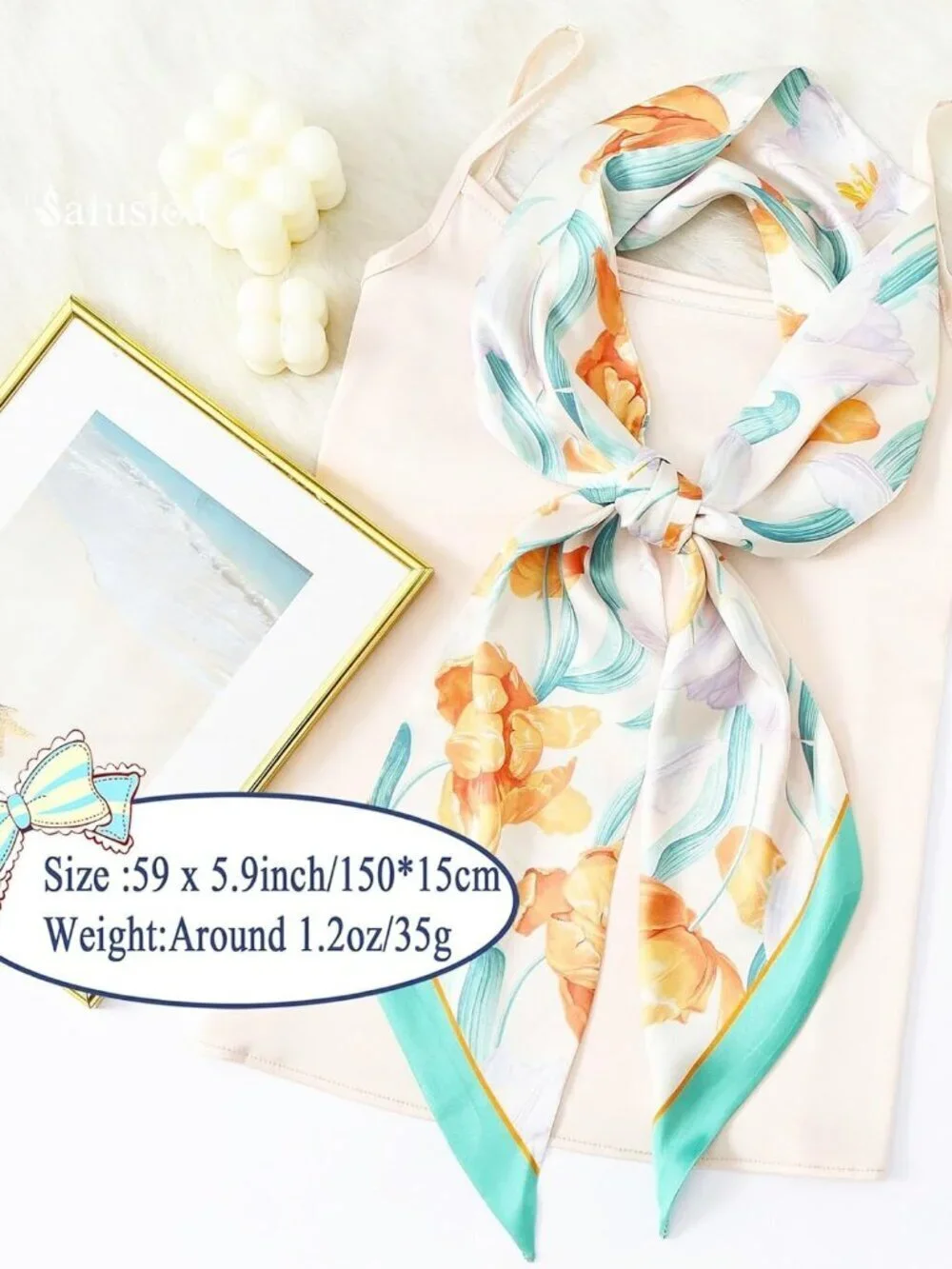 Women's Elegant Flower Head Fashion Scarves Long Skinny Silky Hair Bags Scarf
